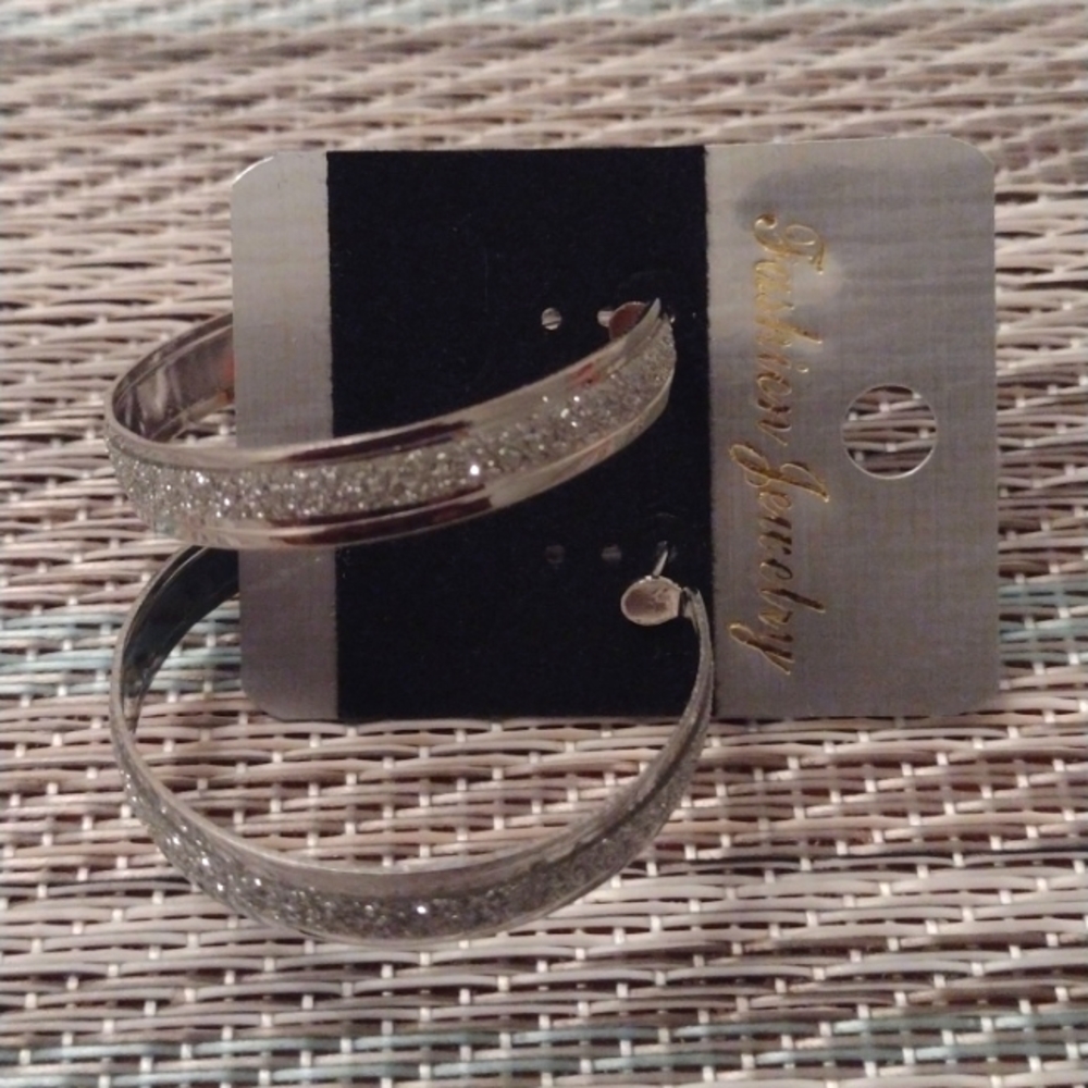 Silvertone Frosted Glitter Hoop Earrings
